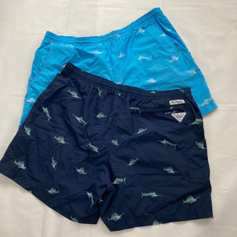 Lot of 2 Columbia PFG Water Fishing Swim Shorts XL Blue Navy Marlins Skeletons